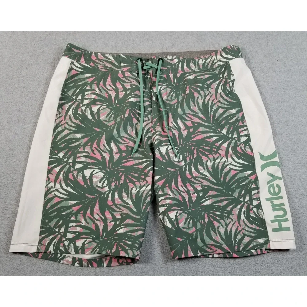 Hurley Board Shorts Mens 34 Green Pink Palm Floral Swim Trunks Surf Beach Lake